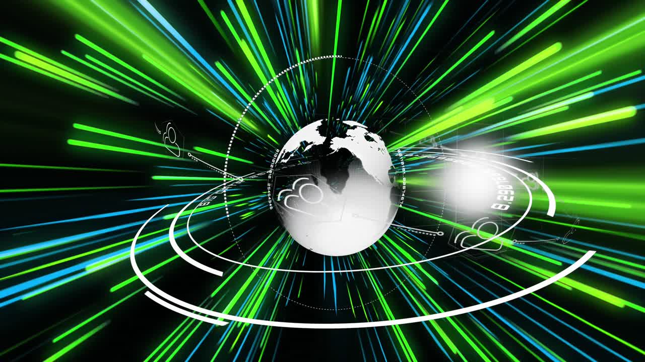анимация глобуса над световыми следами передачи данных