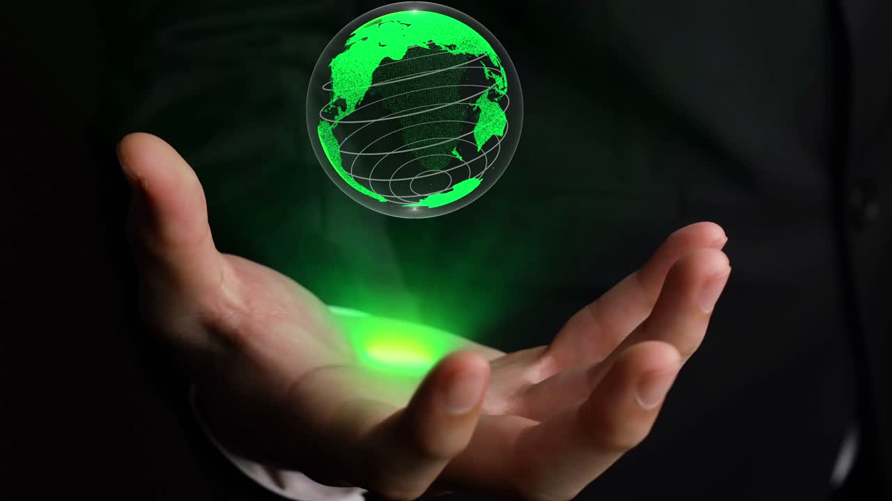 mano humana sosteniendo el globo terrestre tecnología holográfica