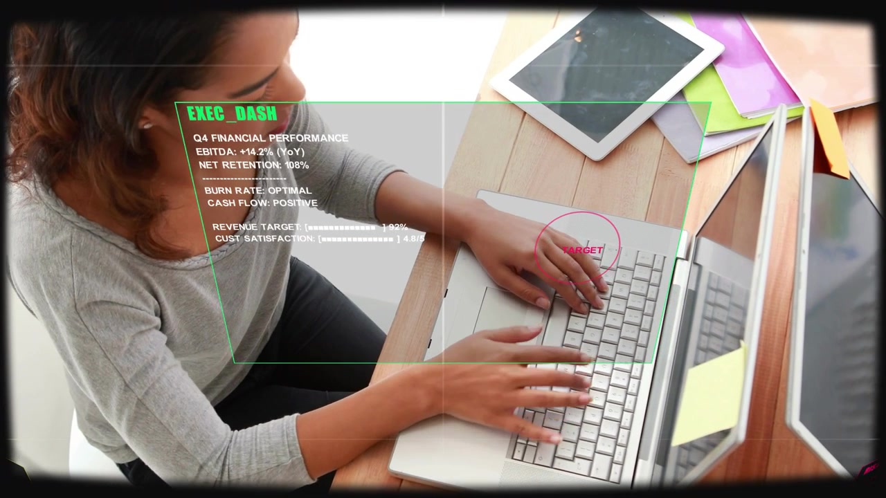 Donna adulta che digita sul laptop mentre appare un HUD e un marcatore TARGET sulla tastiera per il monitoraggio esecutivo