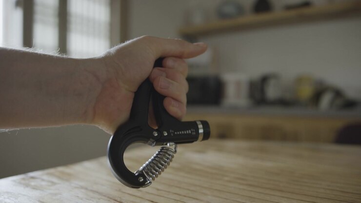 Close-up of a Man’s Hand Using a Hand Gripper