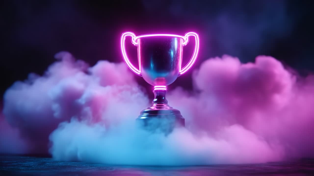 A Glowing Championship Trophy Emerges From Colorful Mist, Symbolizing Victory and Achievement in a Festive Atmosphere Highlighted by Neon Lights