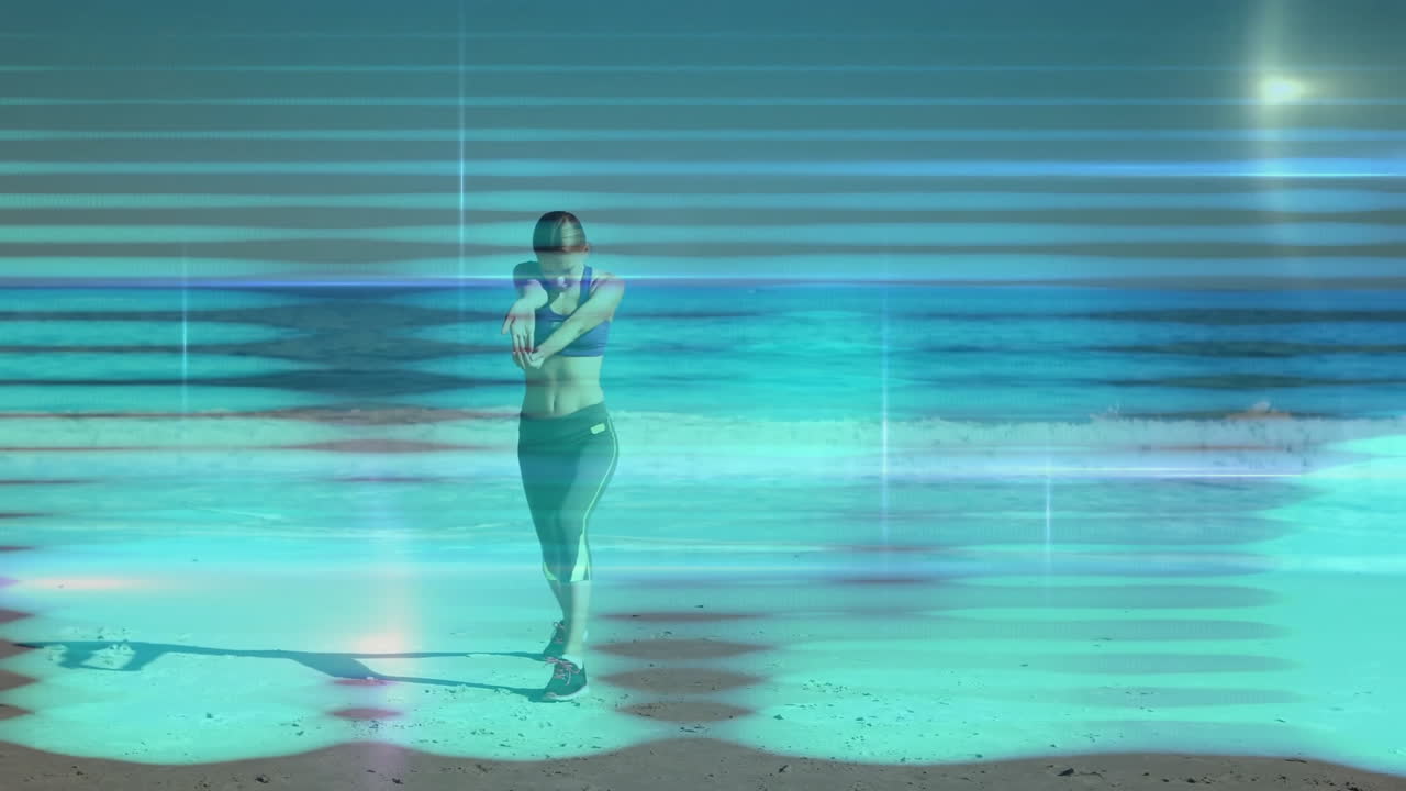 Exercising on beach, woman with blue light animation over ocean background
