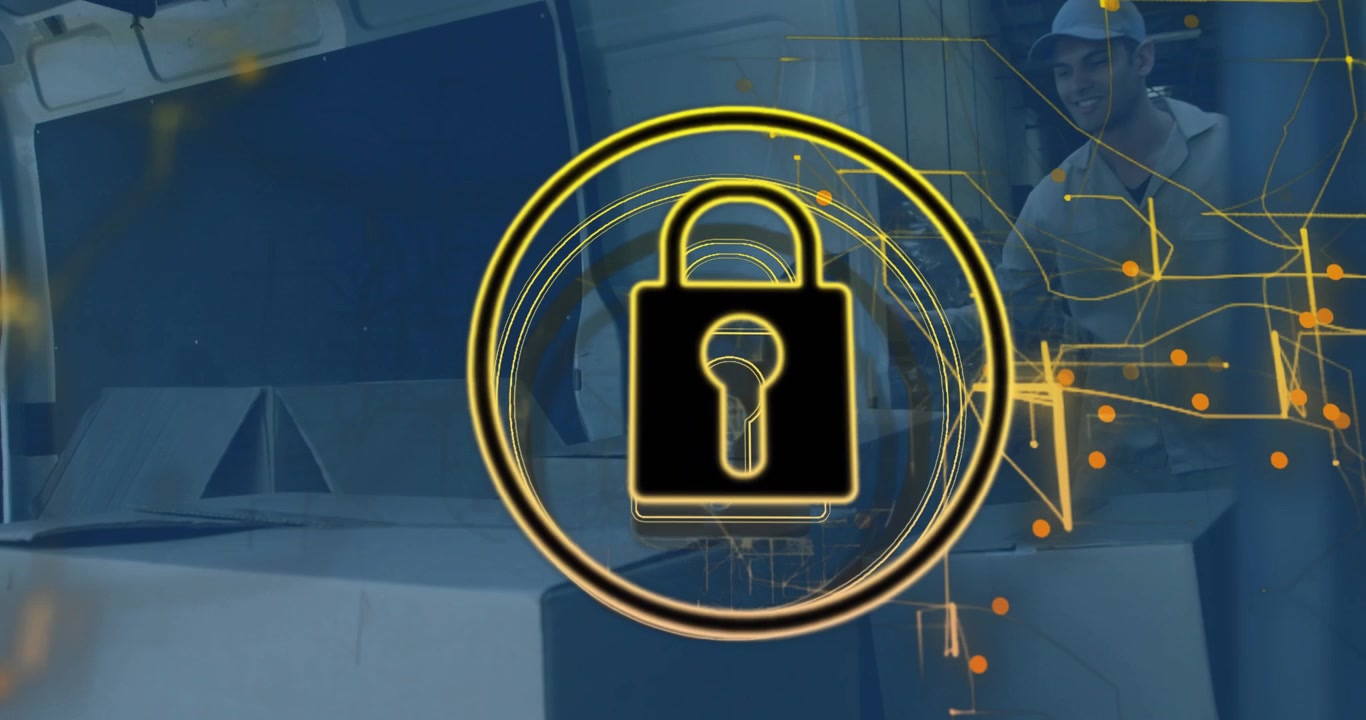 Animated padlock appearing over pack area, revealing man in cap checking boxes for secure shipping
