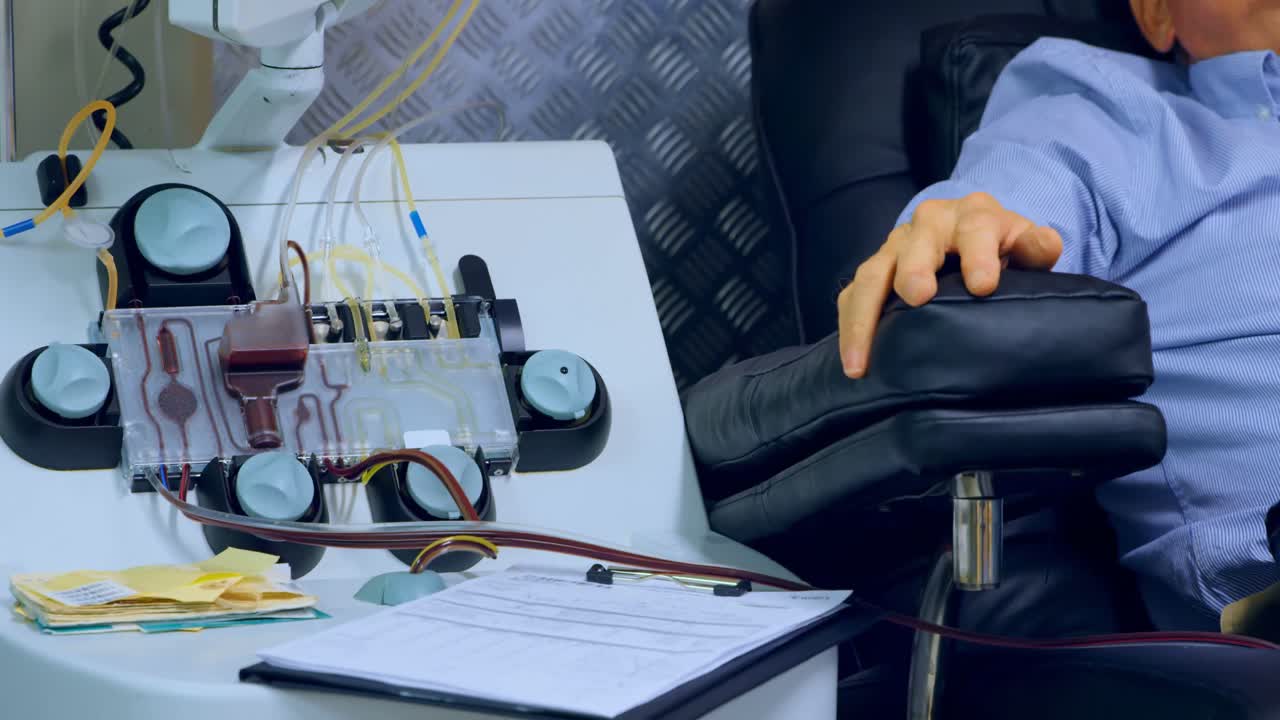 hombre mayor donando sangre en el banco de sangre 4k