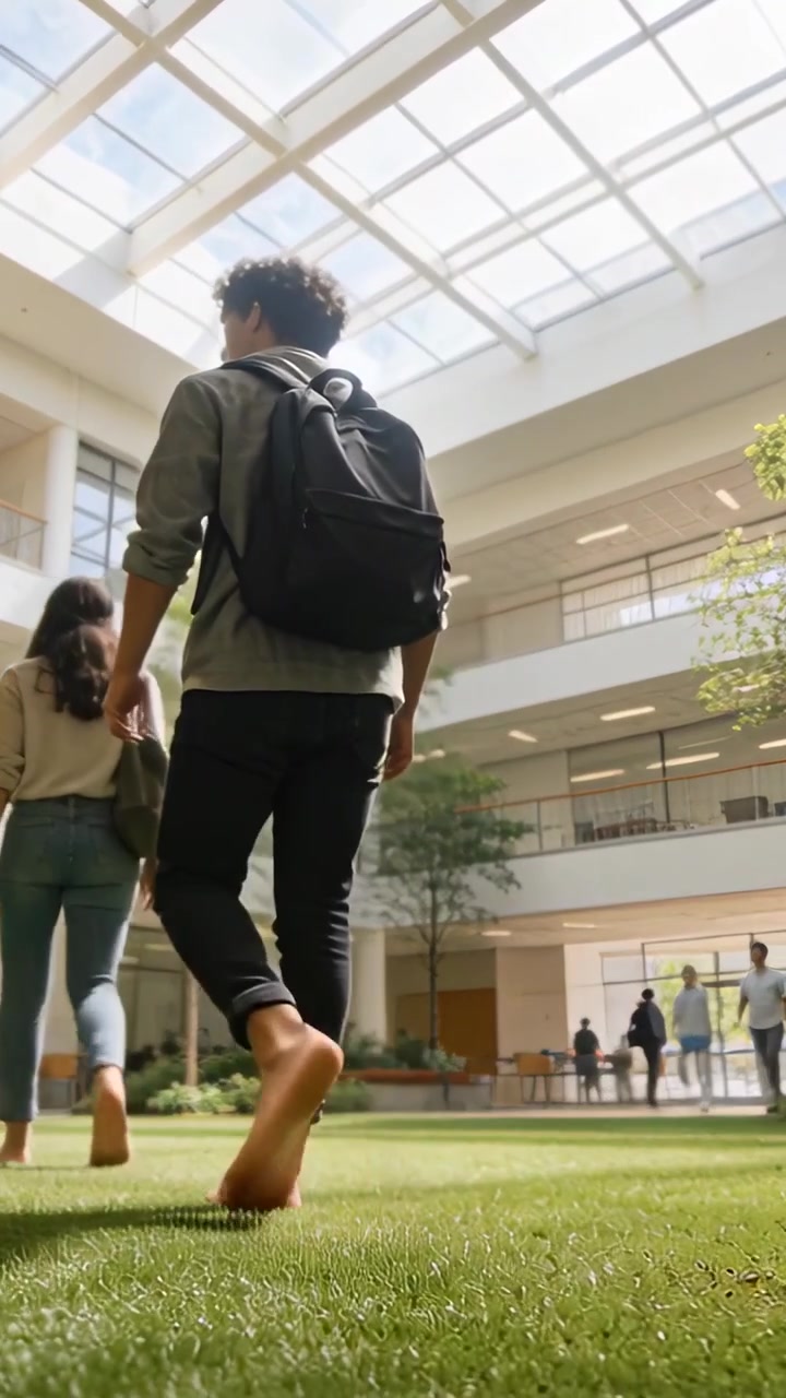 Video verticale: Studente con zaino che cammina sull'erba sintetica, ripresa bassa che rivela un lucernario verso l'aula.