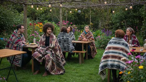 gathering of friends in a cozy garden setting, wrapped in warm blankets, surrounded by lush flowers and soft lights, enjoying an evening of connection and conversation
