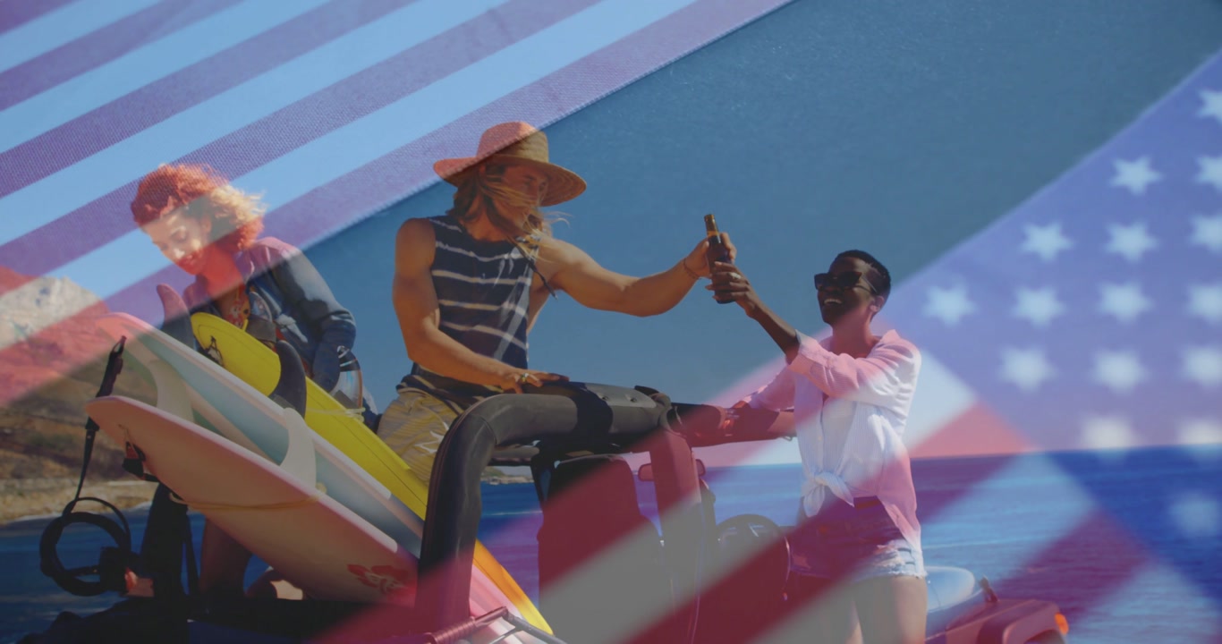 Passing bottle, friends leaning on red jeep at coastline, surfboards, wide-brim hat, flag overlay