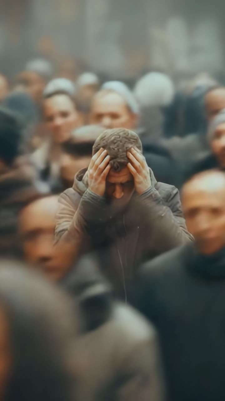 Un uomo sopraffatto dalle emozioni in uno spazio affollato, che rappresenta l'ansia e l'isolamento in mezzo al malessere collettivo e alla confusione della vita urbana