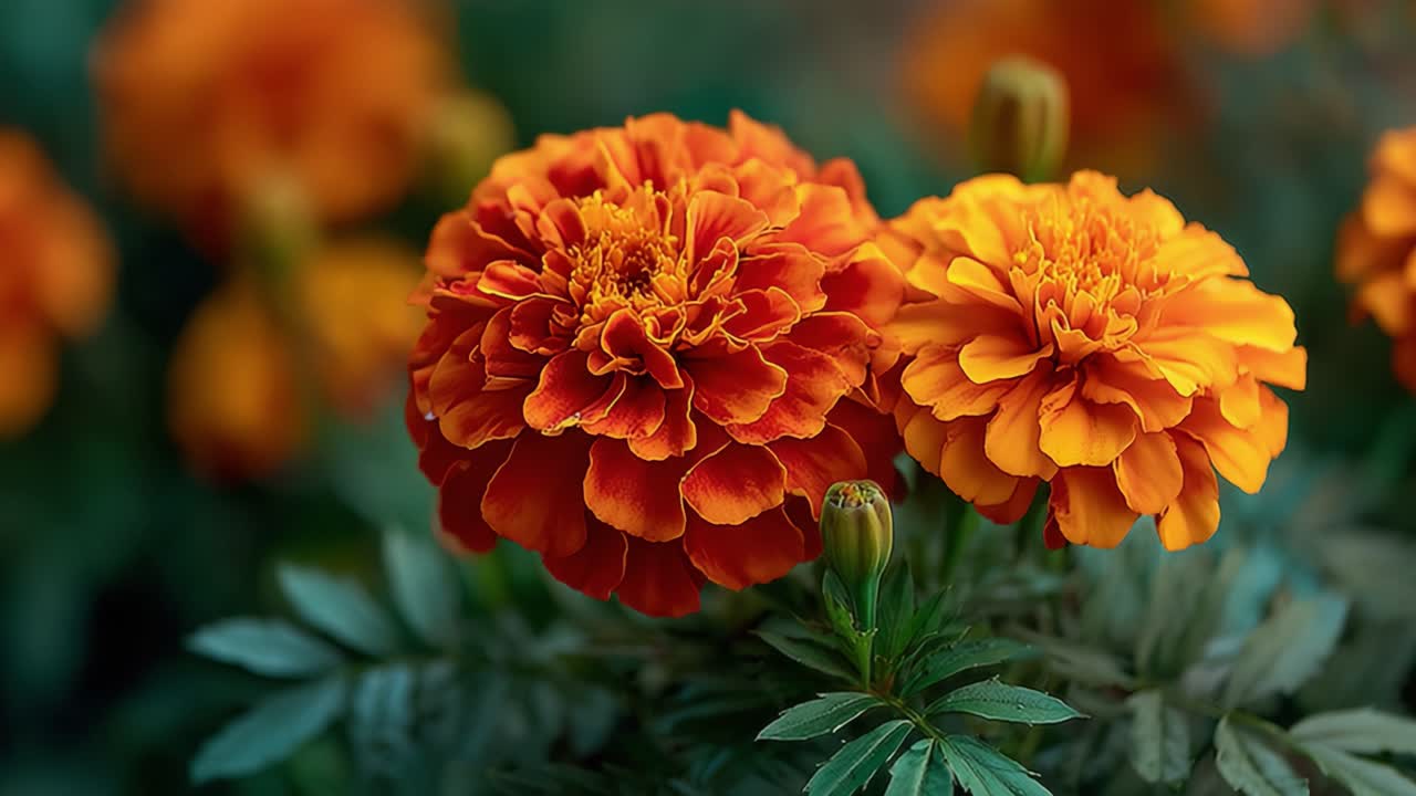 Flores de Calêndula Vibrantes em Plena Floração, Exibindo Suas Cores Ricas e Folhagem Verde Exuberante, Perfeitas para Adicionar Beleza a Jardins e Arranjos Florais.