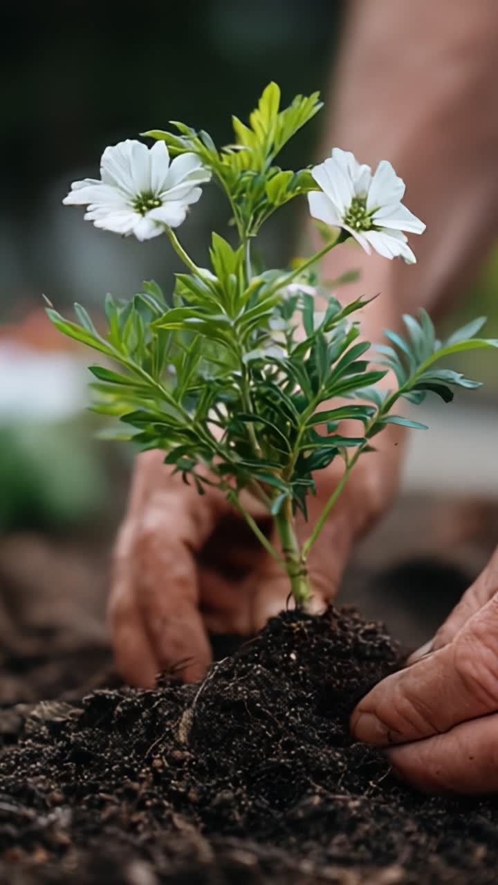 Nurturing Growth: An Up-Close Look at Hands Planting a Beautiful Flower into Rich, Fertile Soil, Embracing Nature's Splendor and the Cycle of Life