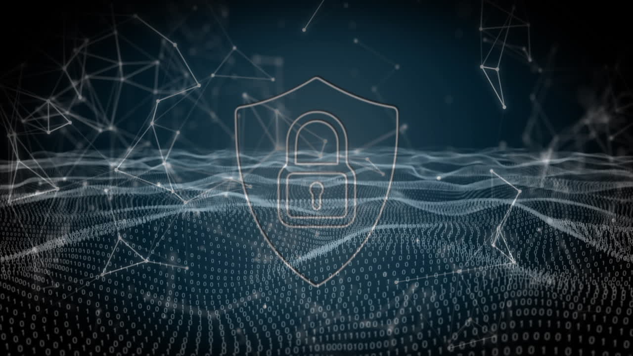 Animation of padlock icon with connections over digital data processing on dark background