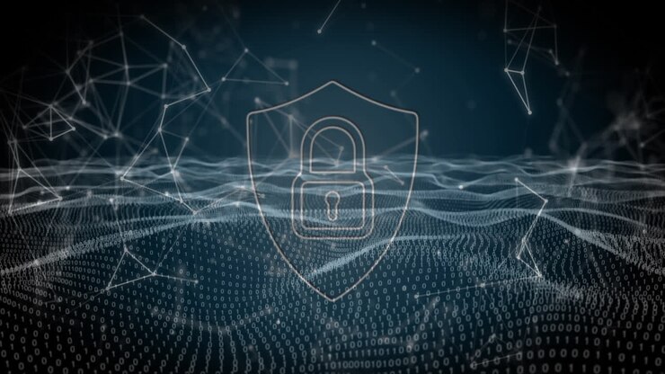 Animation of padlock icon with connections over digital data processing on dark background