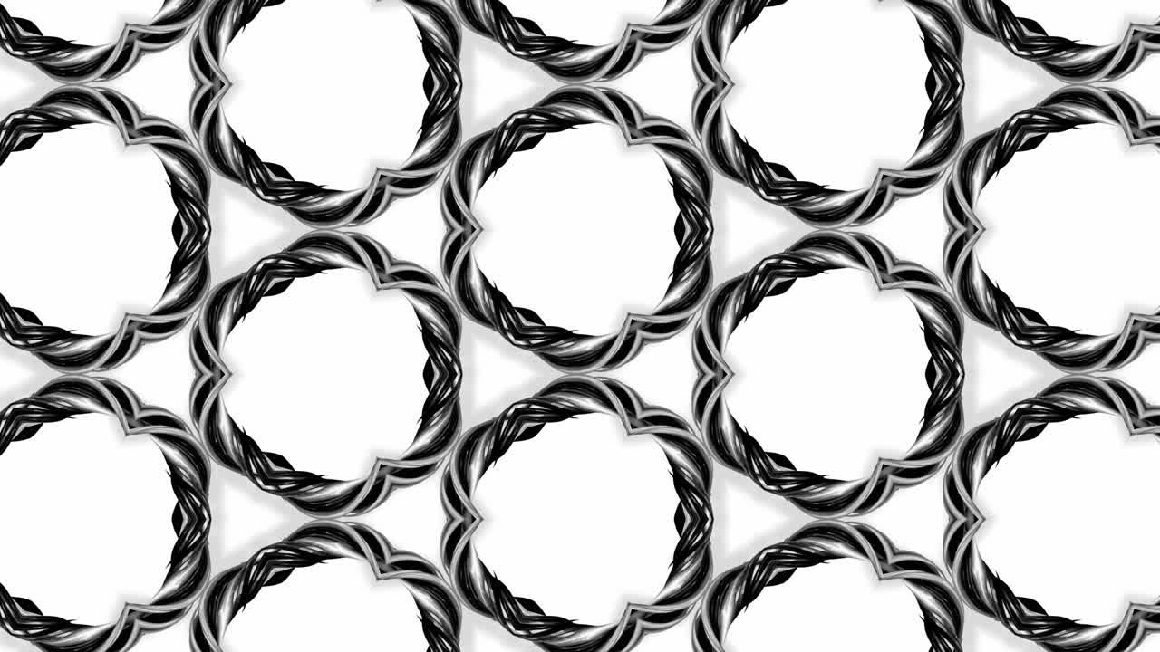 4k seamless looped animation of black and white pattern with ribbons are twisted and formed complex circular structures like symmetric ornament pattern or kaleidoscopic