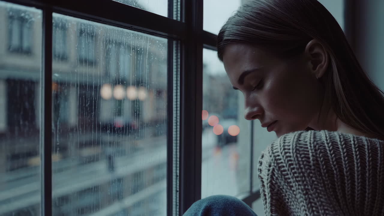 Woman by the window on a rainy night