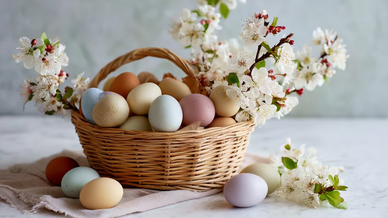 Easter Eggs and Spring Flowers in a Basket