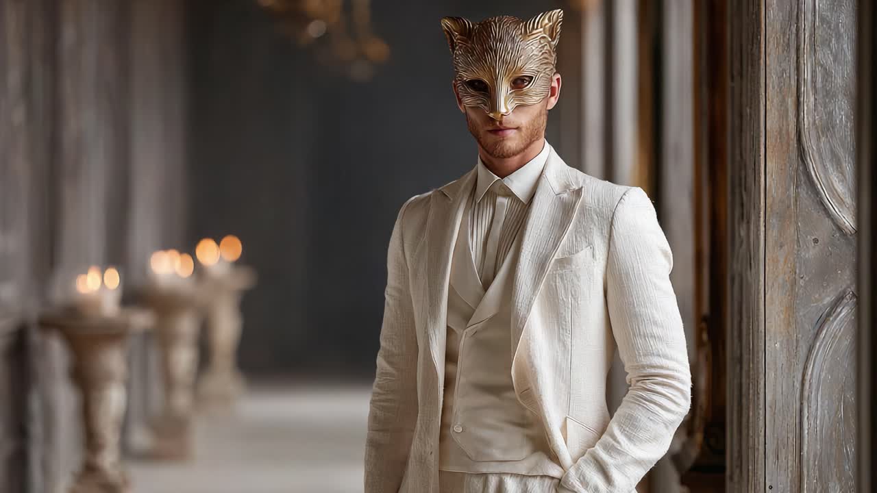 A Mysterious Figure in a White Suit Wearing an Intricate Fox Mask Stands Confidently in an Elegant, Dimly Lit Hallway Surrounded by Candles