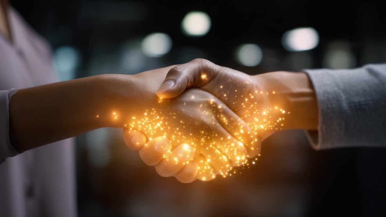 A Close-Up of Two Hands Shaking with a Magical Sparkle Effect, Symbolizing Partnership and Cooperation in a Professional Environment
