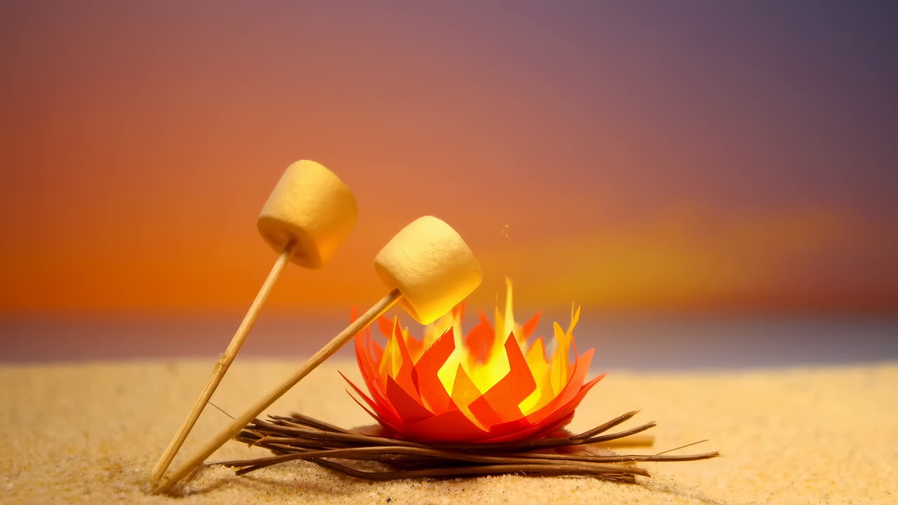 Falò sulla spiaggia al tramonto con spiedini di marshmallow che arrostiscono, nido di fiamme di carta incandescenti sulla sabbia, cielo arancione caldo, primo piano.