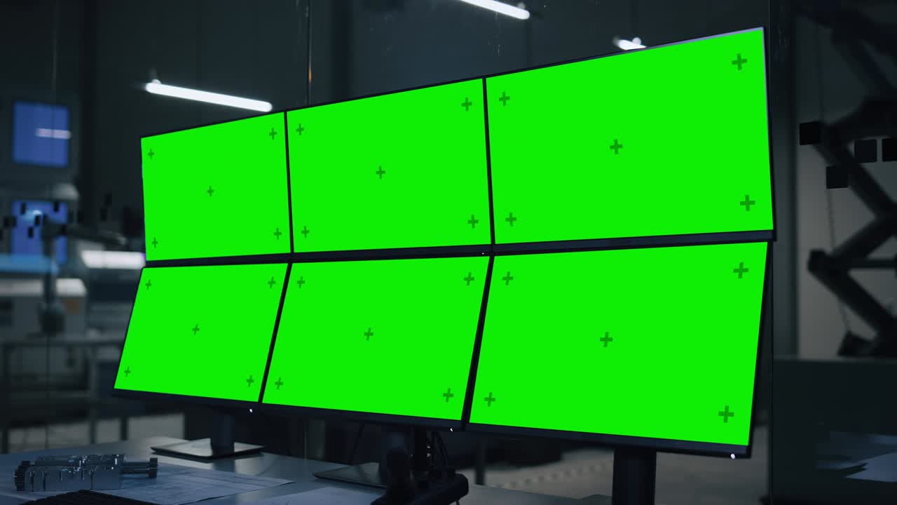 산업 4.0 현대 공장: 다중 크로마 키 녹색 화면 디스플레이를 가진 컴퓨터, 배경에는 하이테크 완전히 자동 전자 산업 시설 생산
