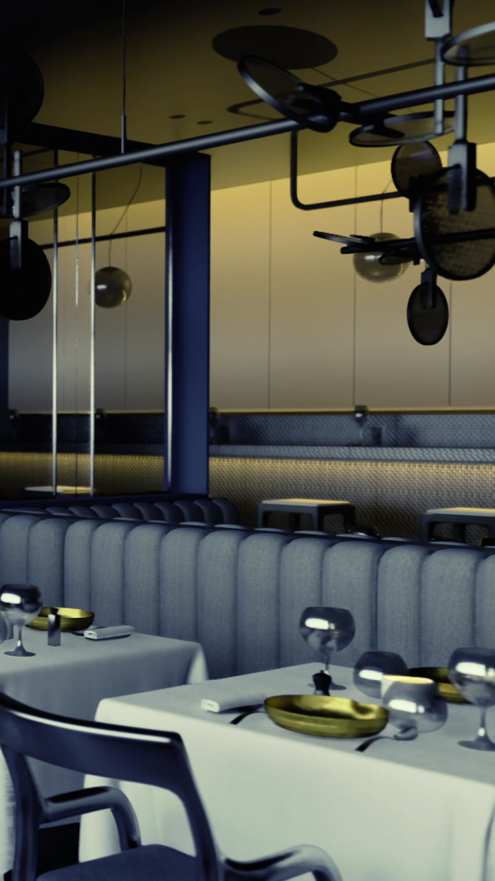 Elegant dining setup in modern restaurant with stylish decor and lighting