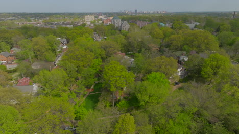 Aerial-towards-City-Hall-in-University-City-on-a-pretty-spring-day