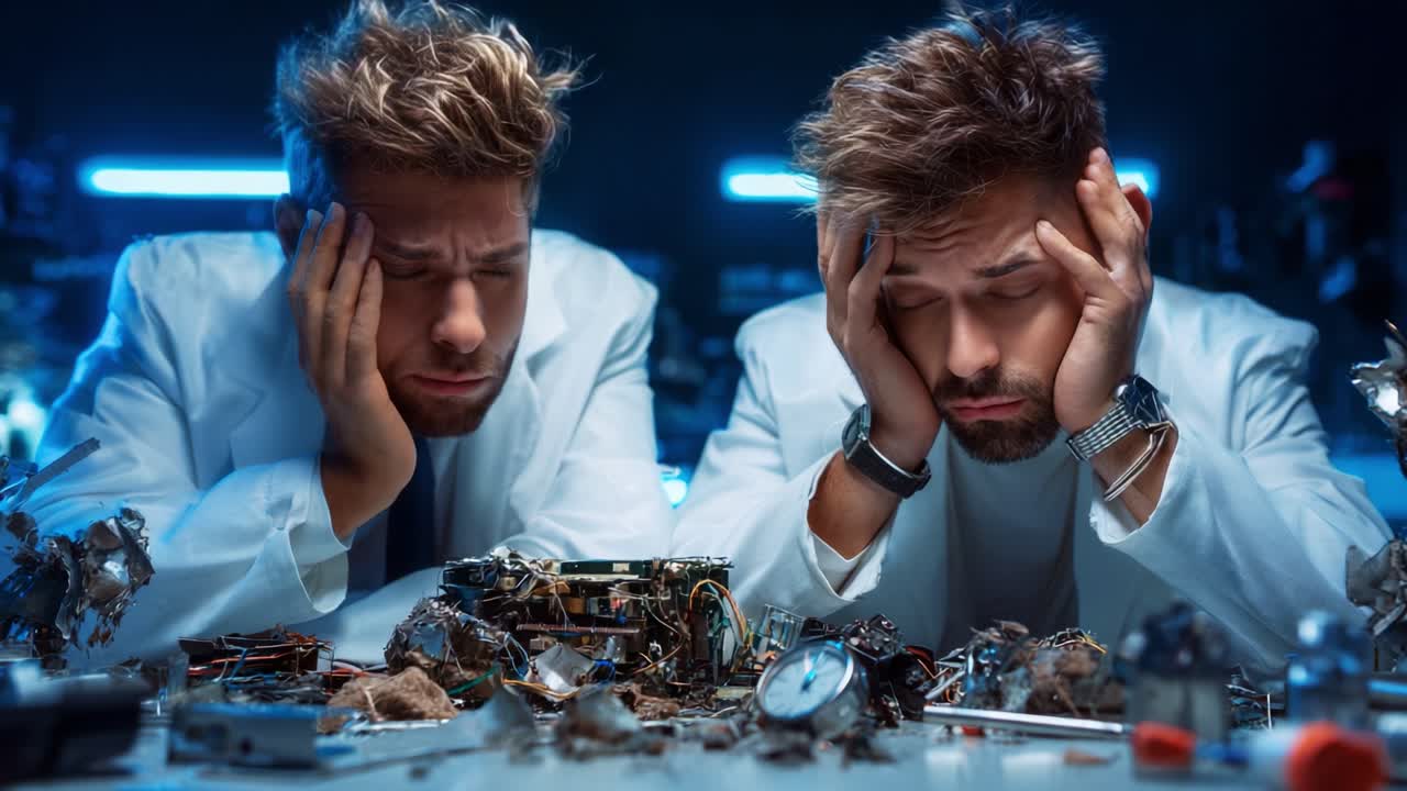 Frustration Unleashed: Two Scientists in White Coats Grapple with Technical Failures and Broken Gadgets, Capturing the Essence of Disappointment and Struggle in Innovation