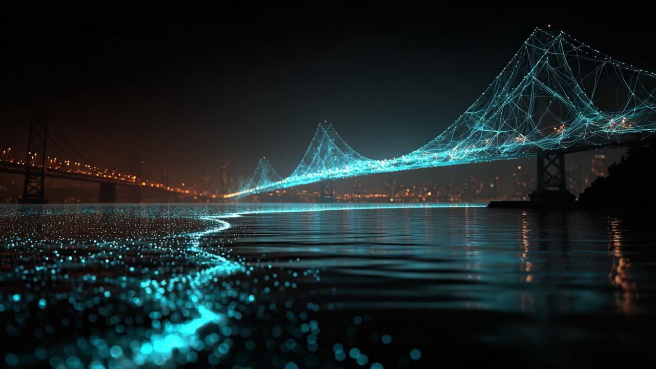 Conceptual visualization of big data as a glowing blue digital network forming a bridge over water, connecting to a futuristic city skyline with shimmering lights and reflections at night