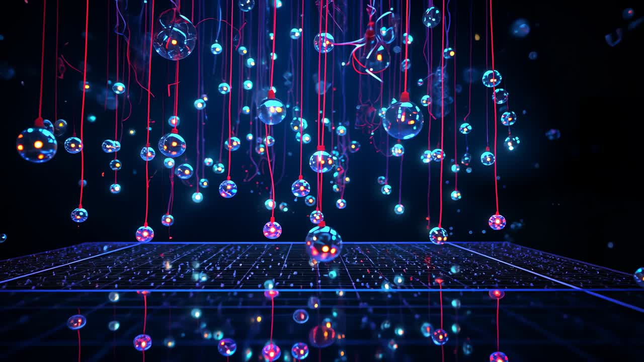 Simulated energy pulse sending glowing orbs on red cords drifting toward grid, releasing particles