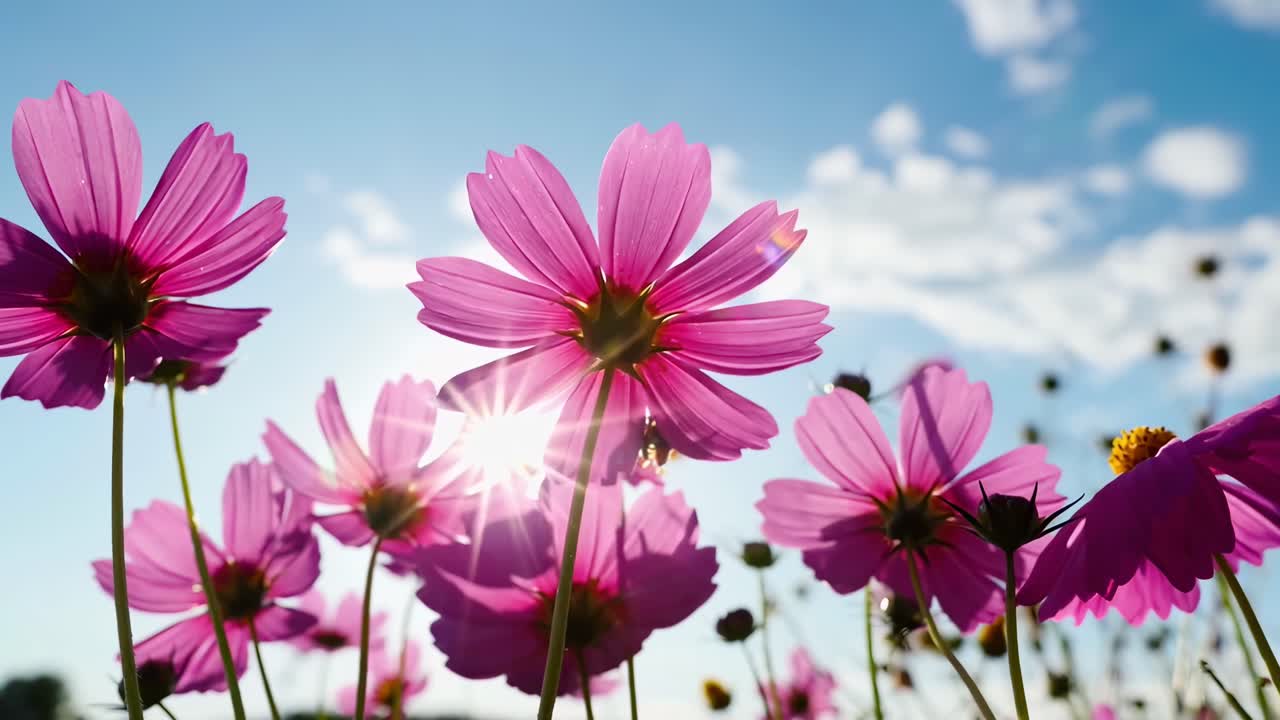 Flores de cosmos rosas meciéndose bajo la luz del sol contra un cielo azul.
