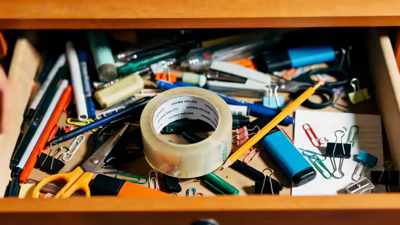 Needing tape, blue-plaid-sleeved forearm reaching, grasping and lifting clear tape from desk drawer