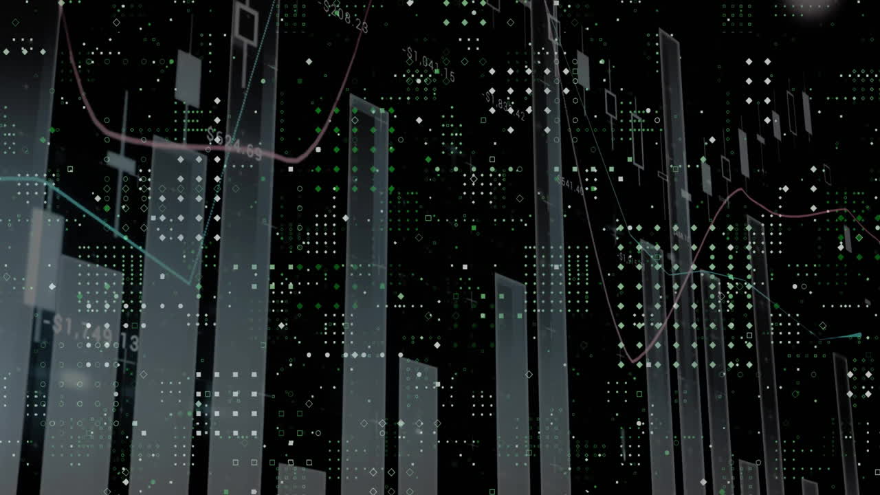 Animation of data processing and diagrams on black background