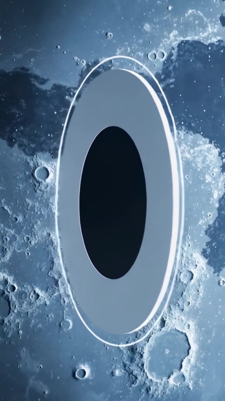 Video verticale: Anello che appare centrato, si inclina e rotola verso l'alto sopra crateri lunari, allontanandosi.