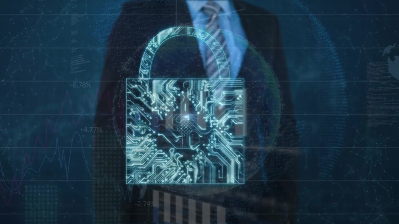 Animation of digital padlock over caucasian businessman using touchscreen