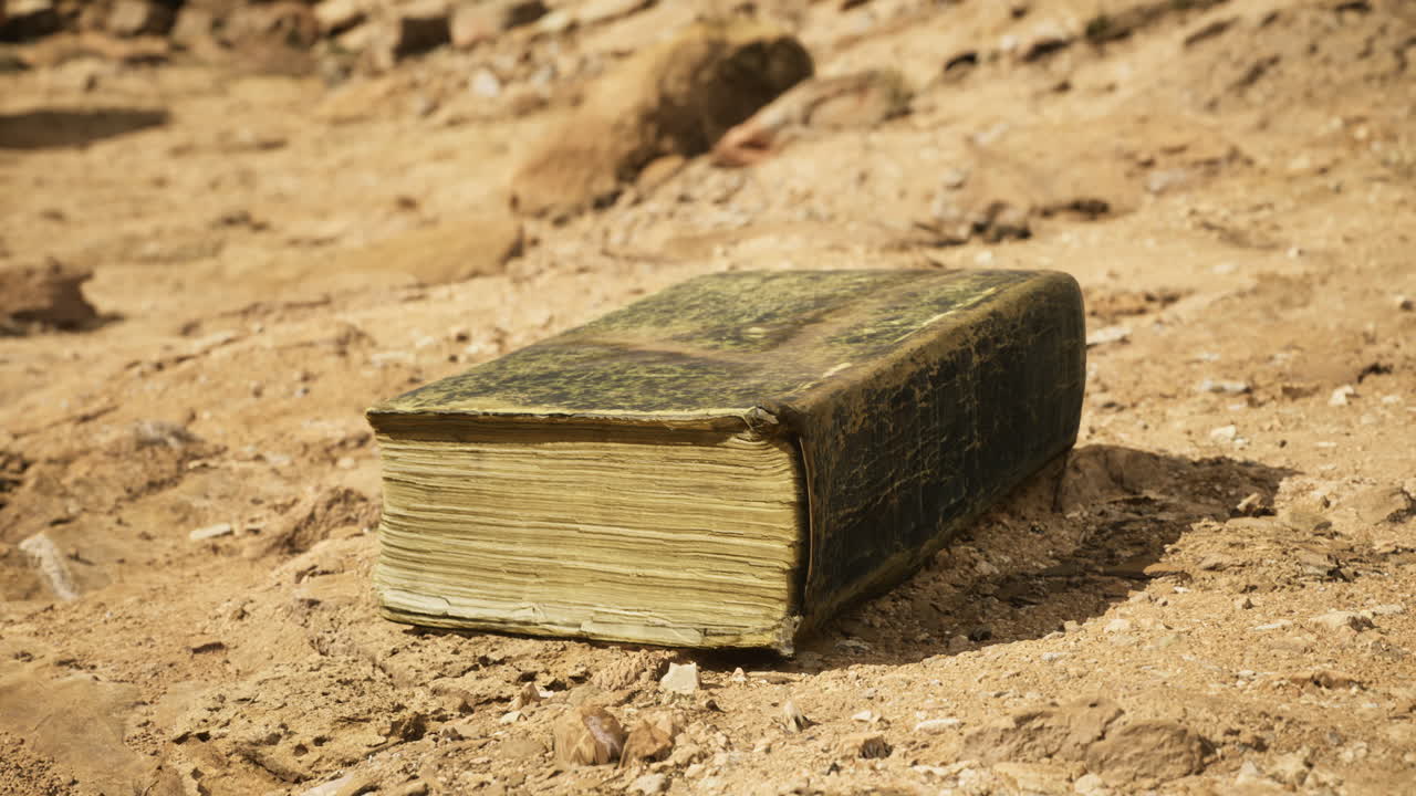 Ancient book rests on sandy ground at historical site during daylight
