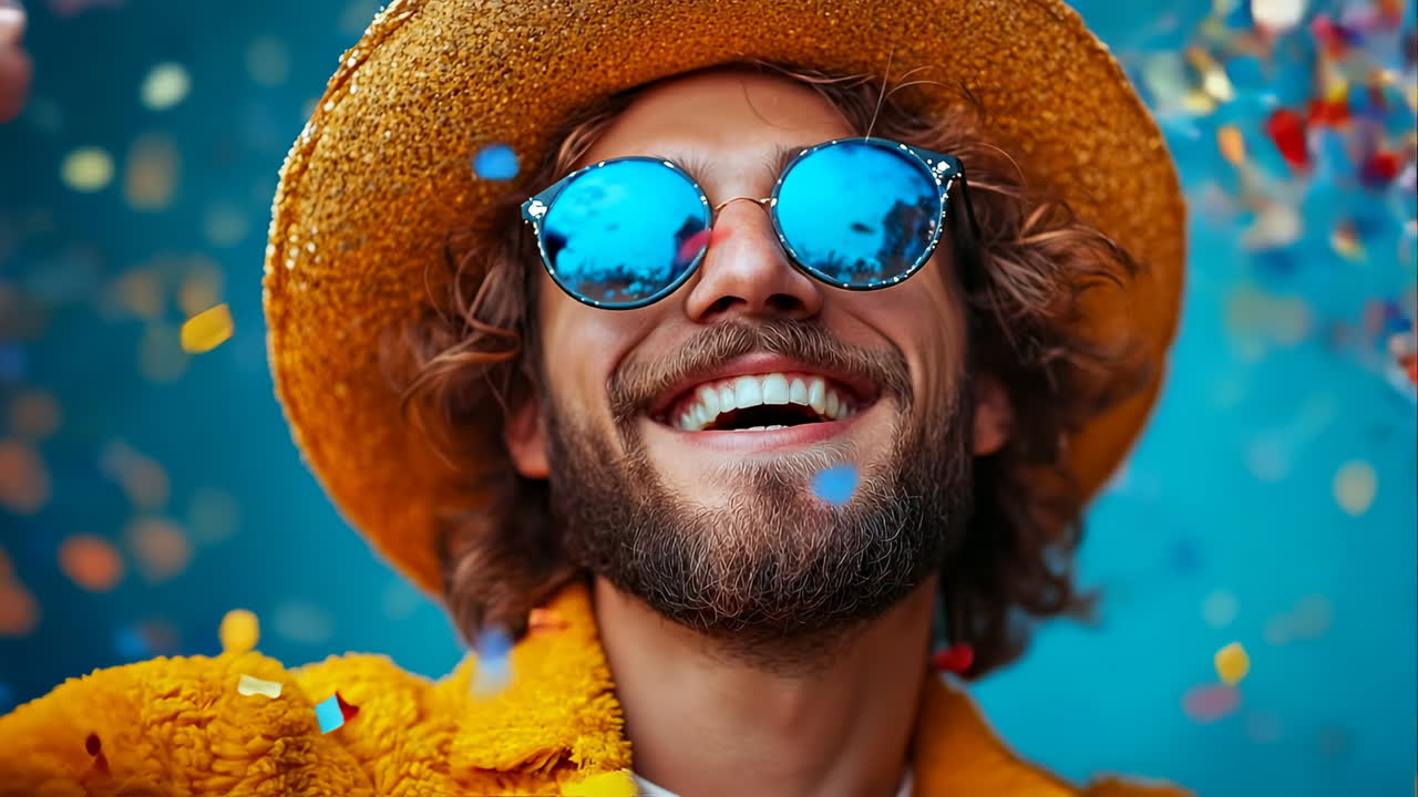 Smiling man in yellow hat with confetti. A bearded man wearing a yellow hat and sunglasses smiling during a confetti celebration