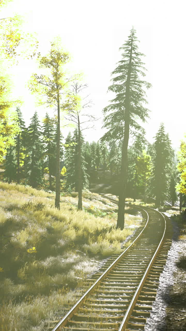 Sunlight filters through trees along a winding train track in autumn landscape