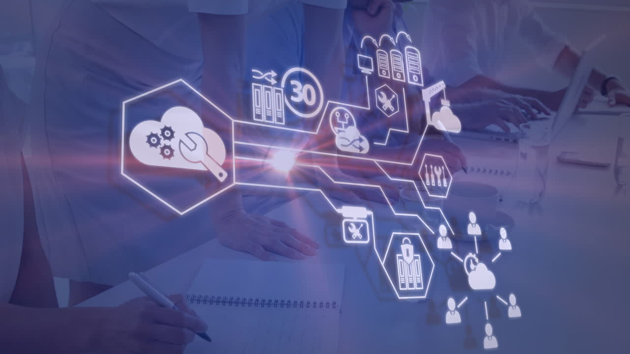 animación de iconos financieros sobre un grupo diverso de personas de negocios