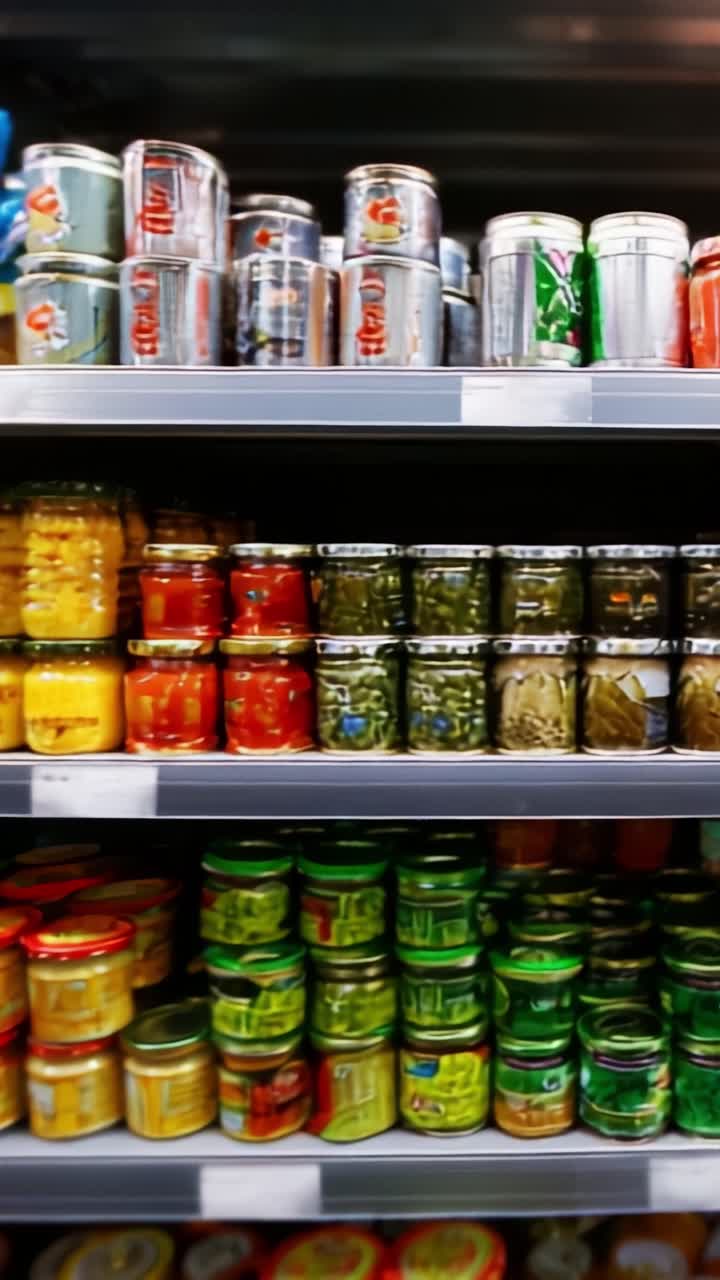 Colorido surtido de tarros de cristal y conservas en estanterías de supermercado, con diversos alimentos en conserva en colores vivos y distintos a la venta