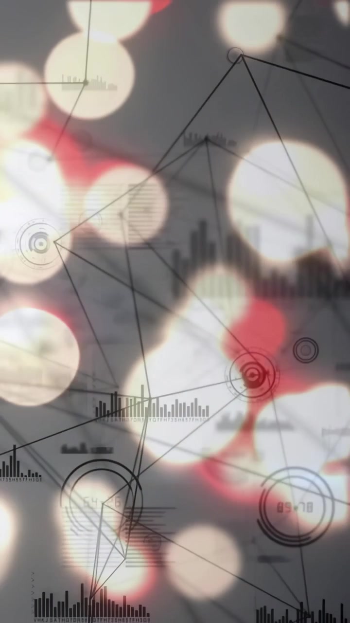 Vertical video: Grey bokeh drifting causing rings and bars emerging and nodes linking, showing data
