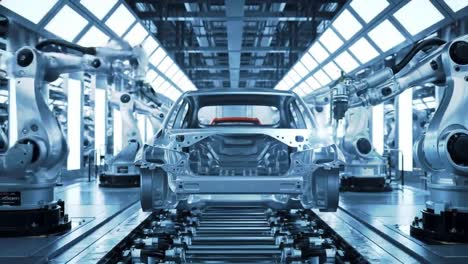 cutting-edge robotic arms work efficiently to construct a car chassis in a high-tech manufacturing plant. this advanced facility showcases innovation in automotive production.