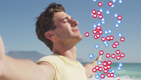 animación de iconos de las redes sociales cayendo sobre hombres caucásicos caminando por la playa