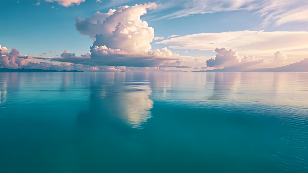 Shifting central cumulus cloud and reflection drifting over turquoise sea, breeze creating ripples