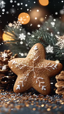a star shaped cookie is surrounded by pine cones and sprinkled with glitter. the image conveys a festive and joyful mood, as it is likely a decoration for a christmas celebration