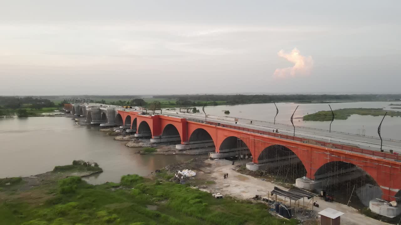 Aerial view of Pandansimo Bridge in Yogyakarta, the southern Java cross bridge is under construction. Adjacent to Baru Beach.