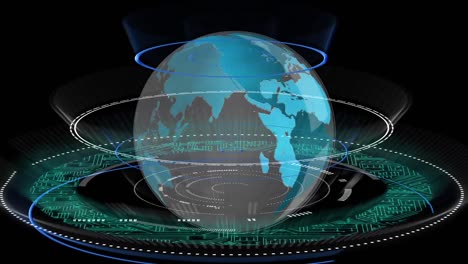 Animation-of-circles-with-integrated-circuit-over-rotating-globe