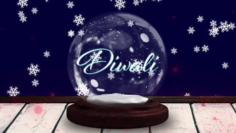 animation of snow globe with christmas text and snow falling on navy background