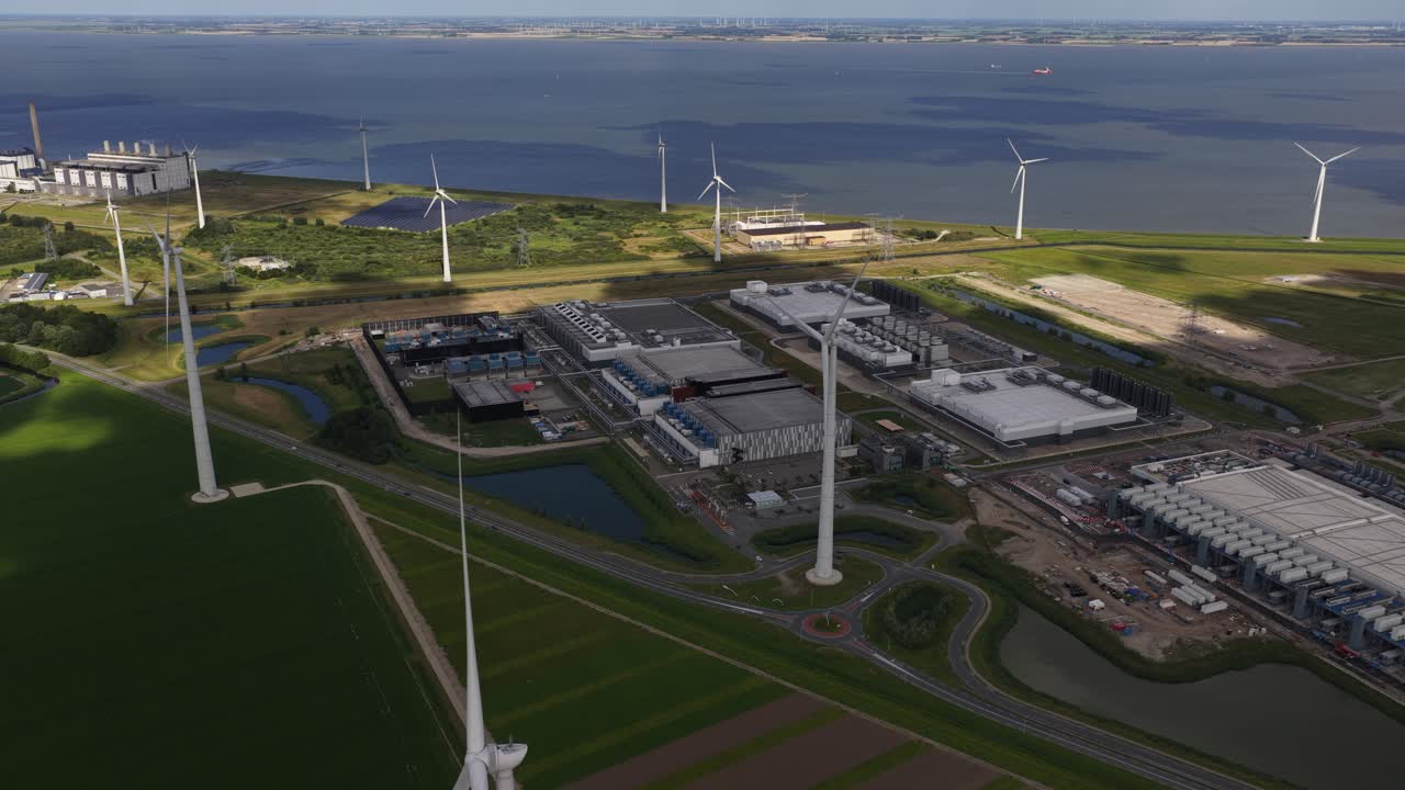 Big data infrastructure in the Eemshaven, focusing on large-scale computing centers, cloud services, internet infrastructure, and aerial views