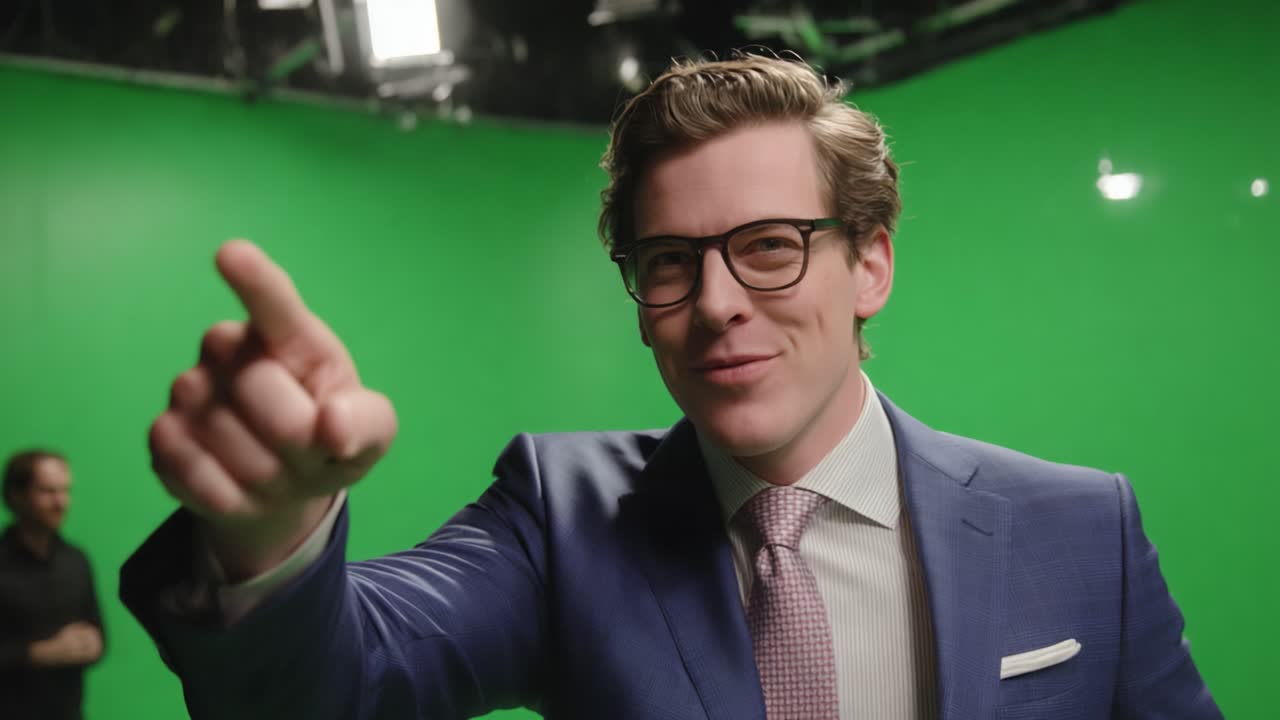 A confident presenter in a blue suit and glasses engages with the audience in a dynamic green screen studio setting, showcasing charisma and enthusiasm