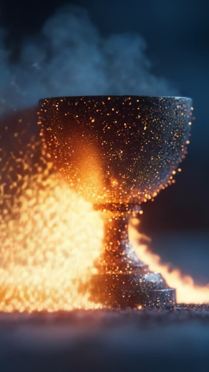 Uma Deslumbrante Jornada Visual de uma Taça Cintilante Rodeada por Partículas Cintilantes, Capturada em uma Transição Hipnotizante do Início ao Fim na Cena