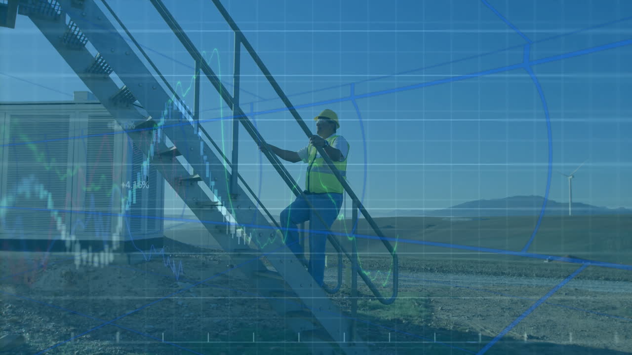 Field technician climbing metal staircase, visualizing finance stock charts over wind turbine